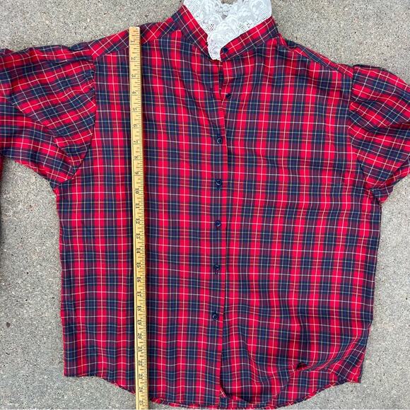 VTG Ms. Sero Red Poplin Christmas Plaid Ruffle Lace L/S Button Up Blouse Size 10 - Picture 7 of 7